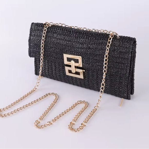 Handbags - Elegant Black Clutch with Gold Chain